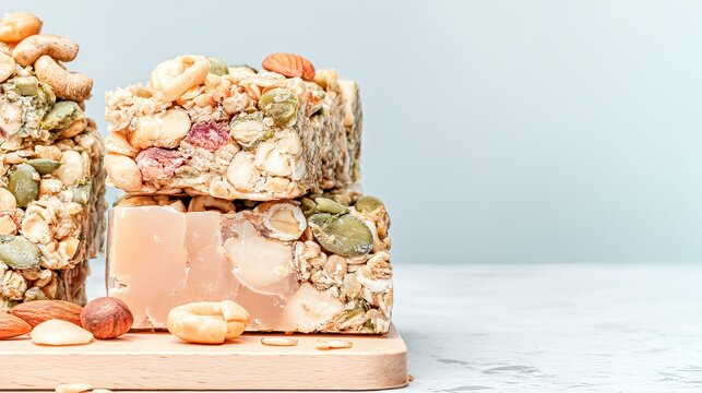 Healthy granola bars studio shot, stacked, marble background, snack food