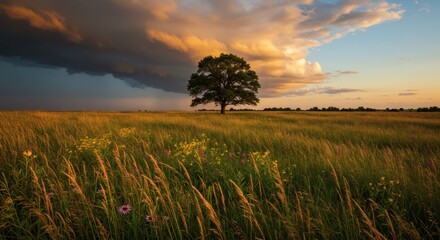 Lone Tree in Golden Field A Nature's Serene Landscape