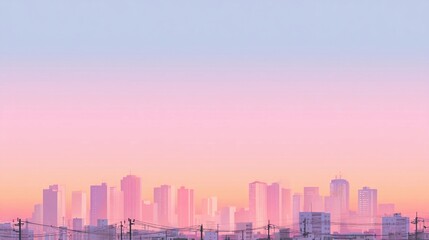 Obraz premium City skyline at sunset with pastel colors reflecting on the buildings, creating a serene urban atmosphere, highlighting the transition from day to night