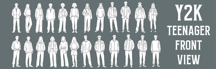 Architectural Drawings Y2k Teenager  vector illustration, front view, human person Minimal style hand drawn. Sections, Elevations, Floor Plans