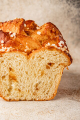 Brioche sweet baked dessert fluffy baked goods fresh delicious gourmet food background on the table rustic food top view copy space