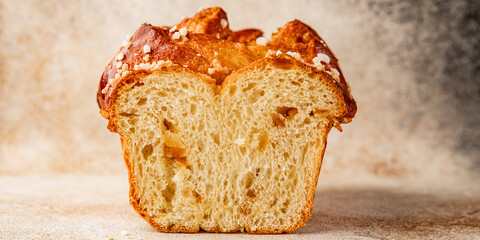 Brioche sweet baked dessert fluffy baked goods fresh delicious gourmet food background on the table rustic food top view copy space
