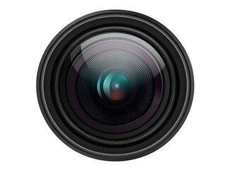 Closeup View of a Black Camera Lens with Circular Aperture and Glass Elements isolated on a transparent background