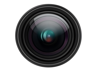 Closeup View of a Black Camera Lens with Circular Aperture and Glass Elements isolated on a transparent background