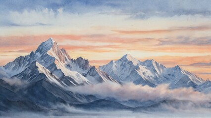 Majestic snowcapped mountain peaks pierce the sky at sunrise, bathed in warm orange and pink hues, with clouds swirling around the lower slopes
