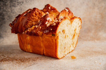 Brioche sweet baked dessert fluffy baked goods fresh delicious gourmet food background on the table rustic food top view copy space