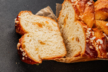 Brioche sweet baked dessert fluffy baked goods fresh delicious gourmet food background on the table rustic food top view copy space