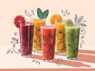 Colorful fruit juices in decorated glasses with fruit slices vector