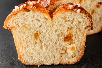 Brioche sweet baked dessert fluffy baked goods fresh delicious gourmet food background on the table...