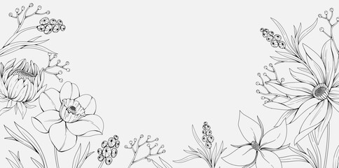 Floral bakground or wallpaper with tender flowers and leaves. Botanical foliage for wedding invitation or wall art. Vector illustration