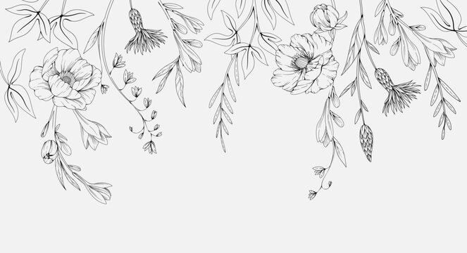 Floral bakground or wallpaper with tender flowers and leaves. Botanical foliage for wedding invitation or wall art. Vector illustration