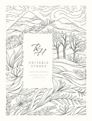 Naklejka premium Detailed frame illustrated with landscape and floral elements. Luxury elegant brochure for wedding invitation, wallpaper art or save the date card. Editable stroke vector