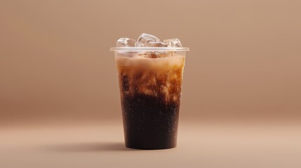 Iced cappuccino with creamy milk froth on brown background