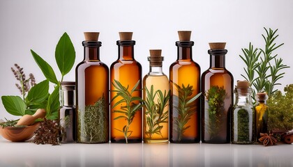 amber bottles filled with herbs and spices arranged on a white background