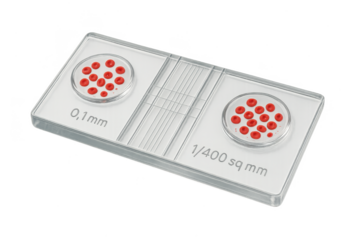Isolated hemocytometer counting chamber with red blood cells on transparent background