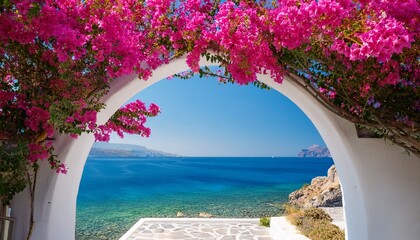 white archway framing a view of the aegean sea with pink bougainvillea