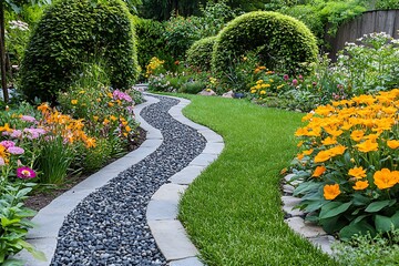 Obraz premium A landscaped garden with gracefully trimmed hedge arches, surrounded by vibrant flowers and bordered by pebbles, providing a serene and picturesque view