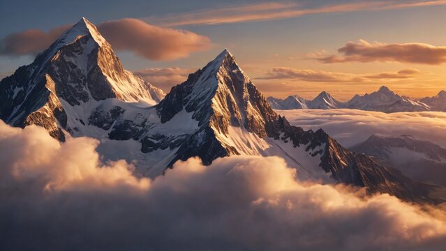 A stunning aerial view of jagged mountain summits emerging from a soft blanket of clouds, kissed by the warm light of dusk