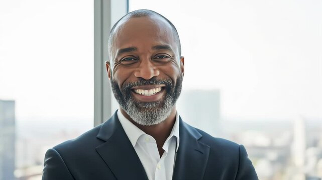 Smiling Businessman in Modern Office with City View