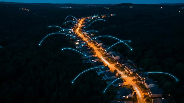 Smart connectivity transforms a residential neighborhood at night, with glowing blue lines symbolizing data networks between modern homes.