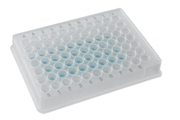 96-well microplate with blue liquid isolated on transparent background, labware
