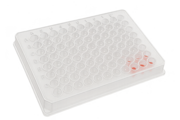 96 well microplate with some wells filled with liquid, on transparent background