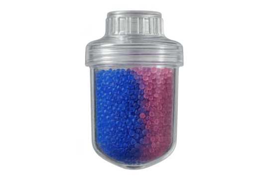 Clear water filter cartridge with blue and pink granules isolated on transparent