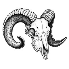 Detailed Stippled Ram Skull with Large Curving Horns Black and White Illustration isolated on a transparent background