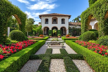 A lush garden with meticulously trimmed hedge arches leading to colorful flower beds, each framed with smooth pebbles, creating a peaceful, structured outdoor space. -