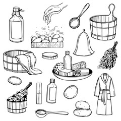  Hand-drawn Finnish sauna, steam room bathhouse set. Vector sketch  illustration.