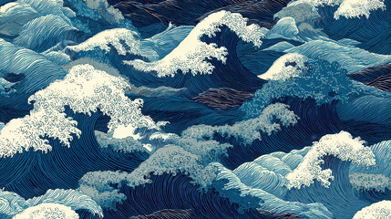 Japanese traditional watercolor wave pattern, vintage blue ocean