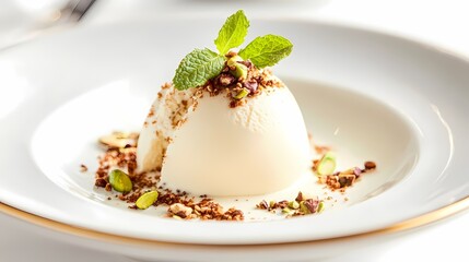 Vanilla ice cream scoops with pistachio and mint garnish in a bowl