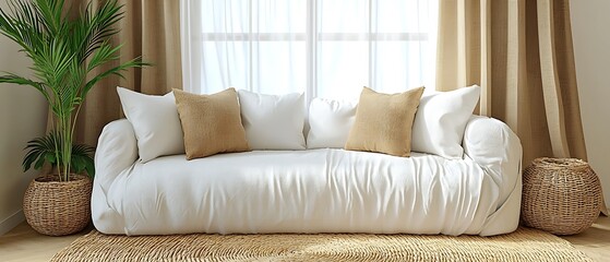 Cozy Modern Sofa with Neutral Cushions and Natural Accents