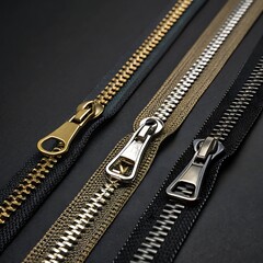 Three metal zippers with different pulls on dark background