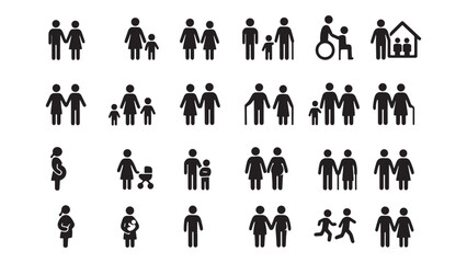 A collection of diverse vector icons depicting people, families, couples, and parents with children, perfect for business and personal illustrations simple flat black and white illustration of people 