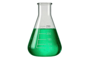Erlenmeyer flask with green liquid isolated on transparent background, laboratory science