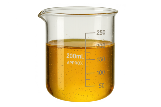 Glass beaker with bubbly yellow liquid isolated on a transparent background