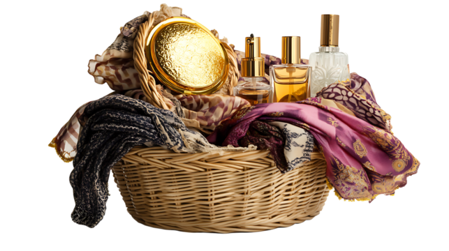 Wicker Basket Filled with Gold Compact Mirror Perfume Bottles and Purple Scarves isolated on a transparent background