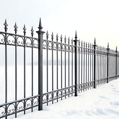 Ornate black metal fence in winter snow wrought iron
