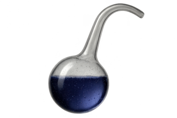 Glass chemistry retort with blue liquid, isolated on transparent background