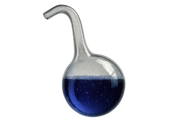 Glass retort with vibrant blue liquid, isolated on transparent background