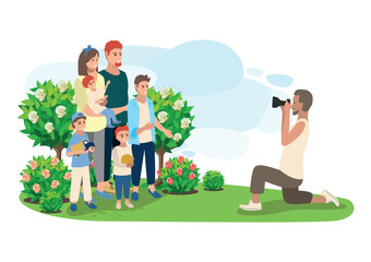 Happy family couple with their children taking a photo in the rose garden. Family day, loving parents, happy childhood. Vector illustration in a simple style.