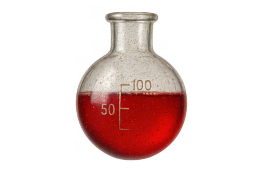 Laboratory glass flask with red liquid, isolated on clear background.