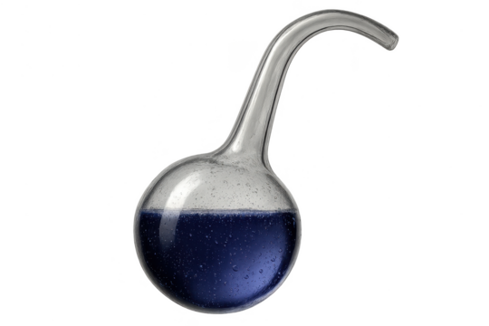 Glass chemistry retort with blue liquid, isolated on transparent background