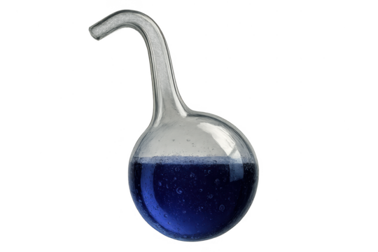 Glass retort with vibrant blue liquid, isolated on transparent background