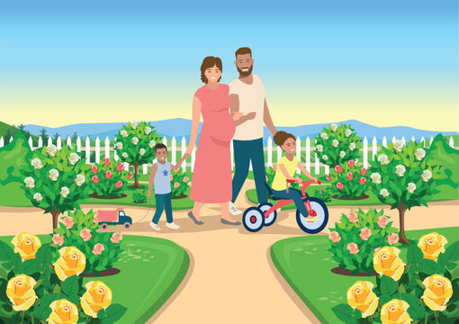 Happy family couple walking in the rose garden near the house with their children. Family day, loving parents, happy childhood. Vector illustration in a simple style.