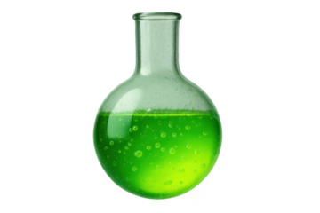 Laboratory flask with luminous green liquid, isolated on transparent background.