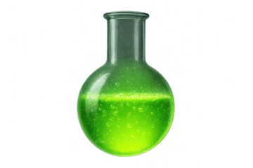 Bubbling green liquid in a scientific lab flask, isolated on transparent background