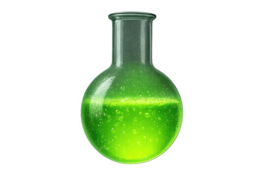 Bubbling green liquid in a scientific lab flask, isolated on transparent background