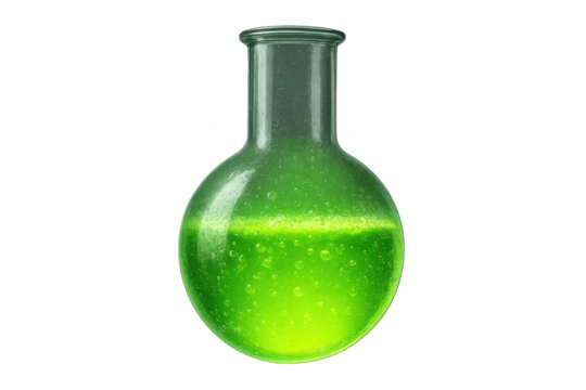 Bubbling green liquid in a scientific lab flask, isolated on transparent background